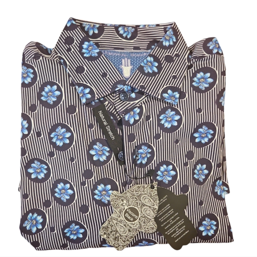 Visconti Floral Stripe Button Down Shirt Navy White Nwt Men's Sz M — image 4 of 8